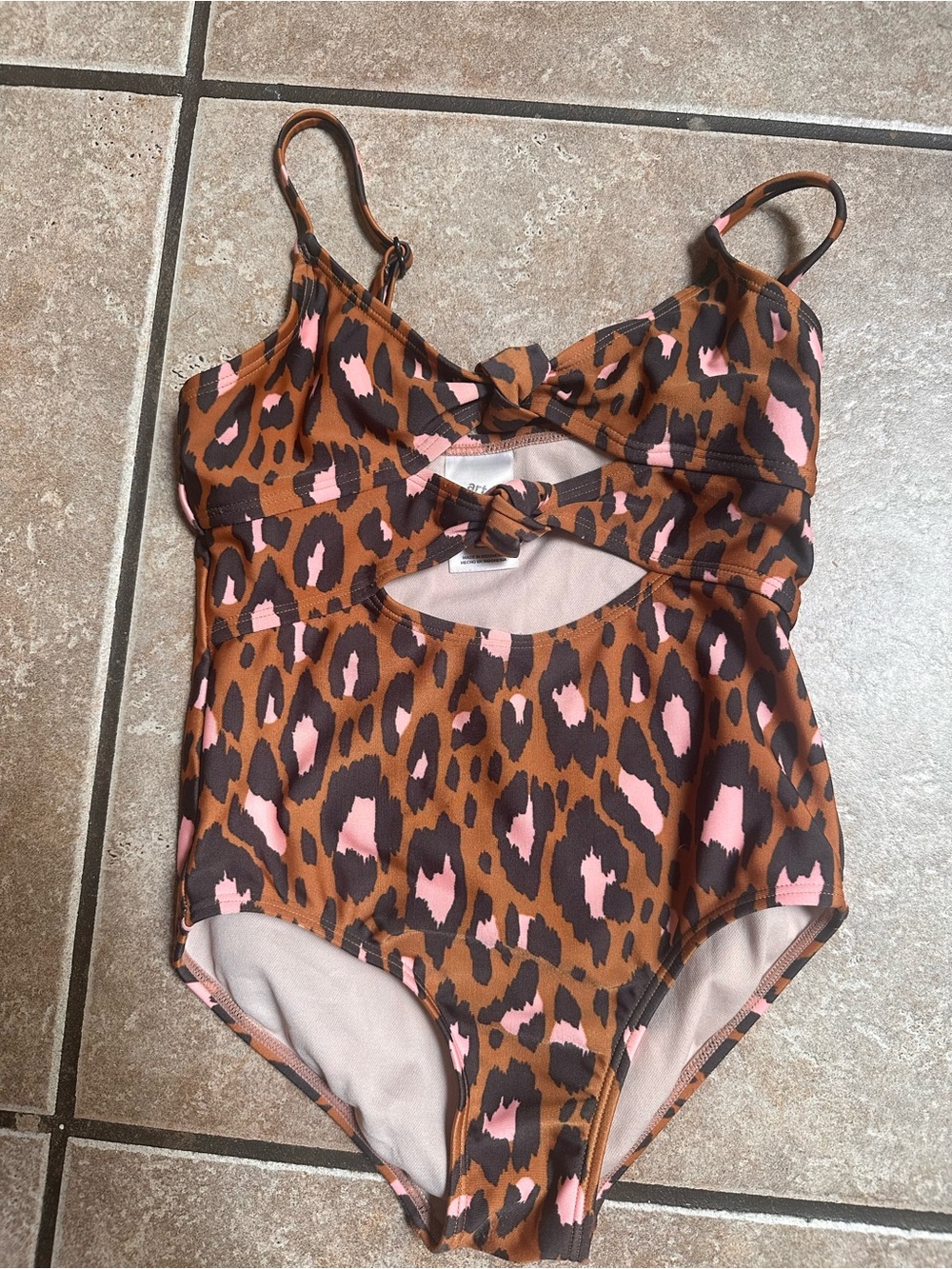 art class Pink Brown Striped Knot Swim Top with Black Accents